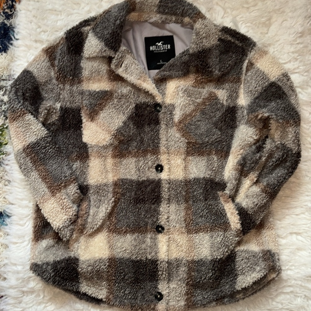 Hollister Teddy Plaid Faux Sherpa Lined Pea Coat, Size L - Picture 4 of 16